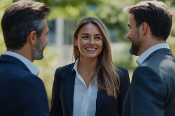 Team of three office workers enjoying outdoor work break and chatting. Happy woman in office suit standing outside and talking to two men. Outdoor work break, Generative AI