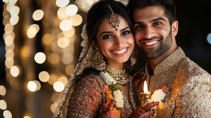 Smiling Indian Couple Celebrating Diwali with Festive Lights Background.