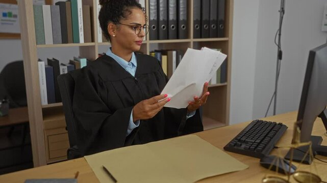 Woman judge reading documents in an office workspace with a computer and legal scales on the desk.