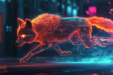 A fox is running through a city with neon lights and a futuristic feel