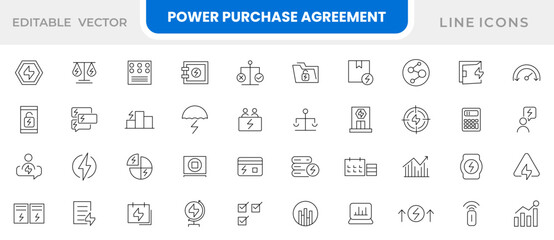 Power purchase agreement linear icons set. UI icon set in flat line design. Thin outline icons pack.