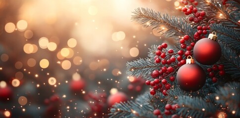 Christmas and New Year holidays background. Christmas tree with red and golden baubles and lights bokeh background. Space for text. Copy space. Greeting card.