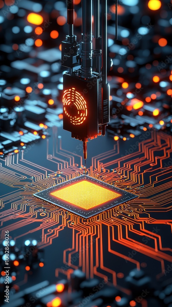 Poster High-tech circuit board with processor focus.