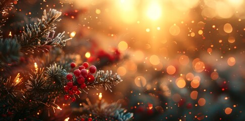 Christmas and New Year holidays background. Christmas tree with red and golden baubles and lights bokeh background. Space for text. Copy space. Greeting card.