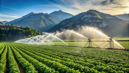 A medium shot of watering agricultural crops with a large sprinkler in the mountains