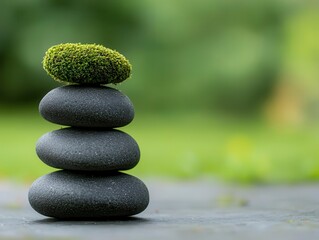 Smooth, round stones layered in moss, forming a natural seat in a garden, moss and stone, garden relaxation concept