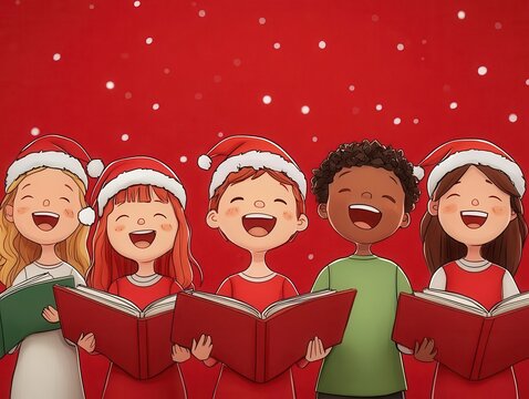 4K Realistic Animation of A choir singing Christmas hymns, red background