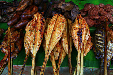 Grilled food, grilled fish, grilled chicken, grilled offal Street food of Luang Prabang, Laos 