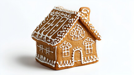 The hand-made eatable gingerbread house ,Cottage on White Background, cake house festive decorations 