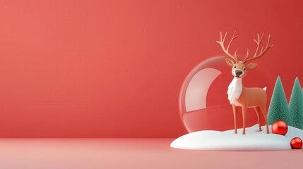 4K Realistic Animation of A snow globe with a reindeer, red background