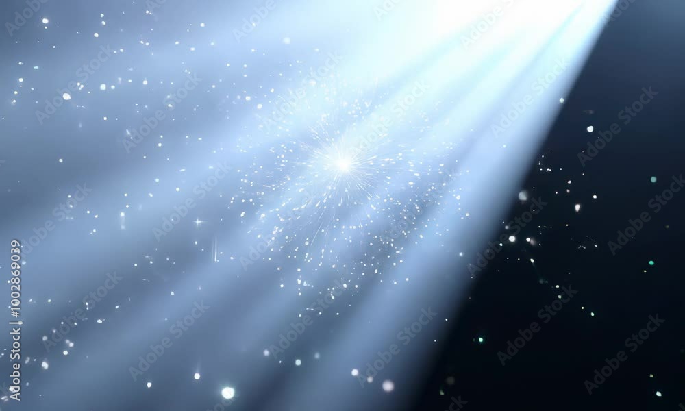 Poster a single, bright, white light explodes in a burst of sparkling particles, surrounded by a faint, eth
