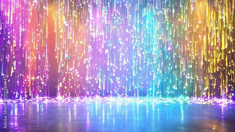 Poster colorful display with cascading light lines and ribbons in a vibrant setting for events or celebrati