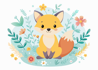 Cute Cartoon Fox with flowers