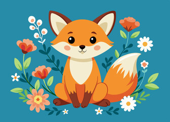 Cute Cartoon Fox with flowers