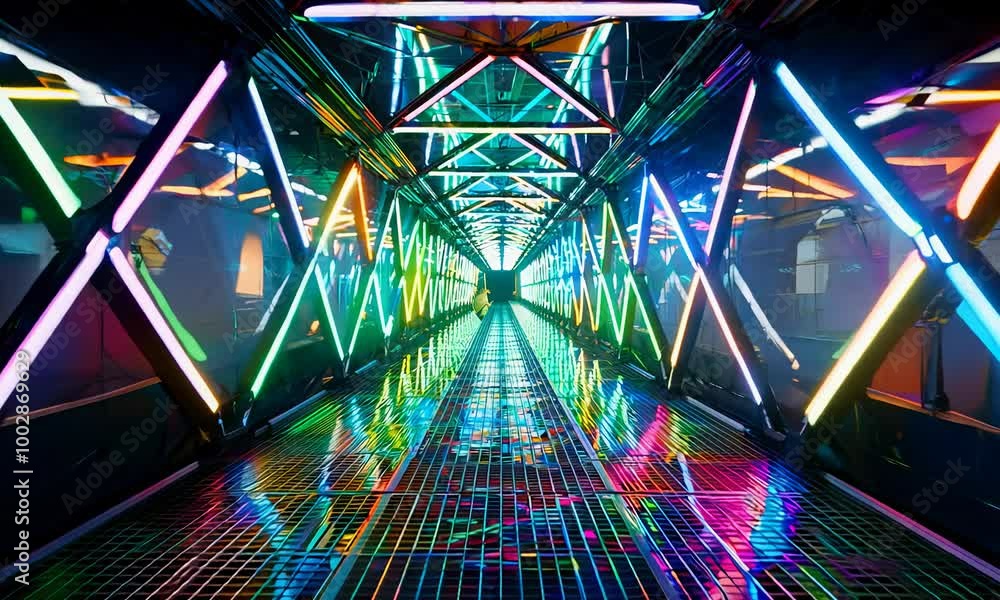 Poster a futuristic tunnel with vibrant neon lights creating a mesmerizing pattern on the metal floor and w