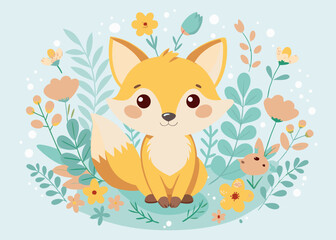 Cute Cartoon Fox with flowers