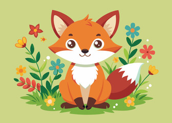 Cute Cartoon Fox with flowers