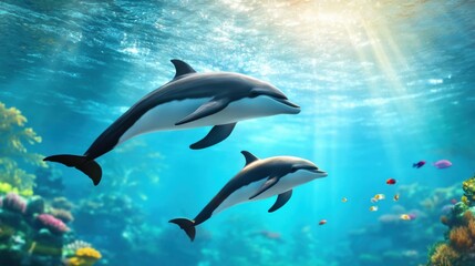 Graceful Dolphins Swimming in Vibrant Coral Reef