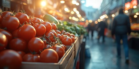 Colorful tomatoes and fresh vegetables attract shoppers in a bustling wholesale market