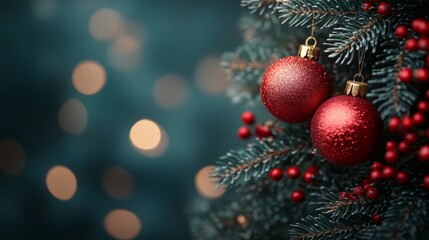 Obraz premium Christmas and New Year holidays background. Christmas tree with red and golden baubles and lights bokeh background. Space for text. Copy space. Greeting card.