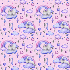 Cute bunny, sewn from fabric with thread stitches, sleeping on a rainbow with clouds and hanging raindrops. Watercolor illustration hand drawn. Seamless pattern on a pink background.