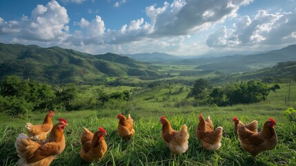 Chickens roam on a grassy hilltop overlooking a lush valley and scenic mountain range under a partly cloudy sky.