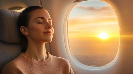 A woman meditating in the plane, a beautiful sunset outside the window