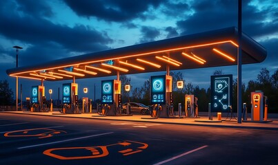 Obraz premium Modern Electric Vehicle Charging Station at Night