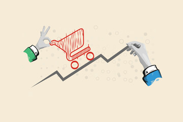 Inflation shopping cart and hands. Collage Art Vector illustration . Creative concept for web banner, social media banner.