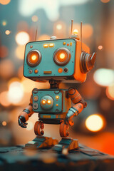 Fototapeta premium A friendly, blue and orange robot stands on a platform with a glowing light background.