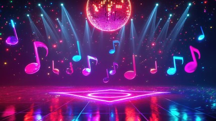 Colorful musical notes float above a dazzling dance floor, illuminated by radiant lights creating a festive atmosphere