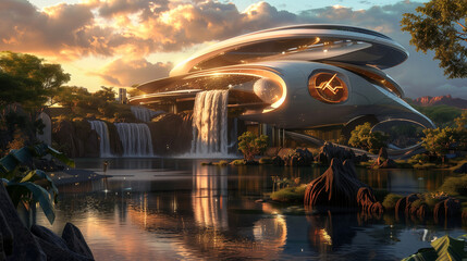 Digital Dawn: A Futuristic Concert Hall by the Lake, Modern Design Meets Digital Art Amidst Sunset Magic