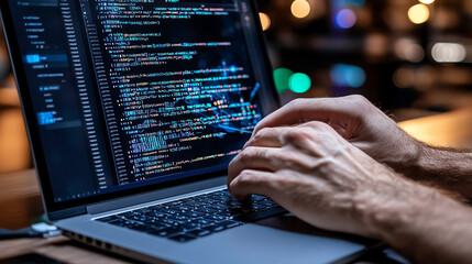 Hands typing code on laptop, vibrant screen, modern workspace, creative atmosphere.