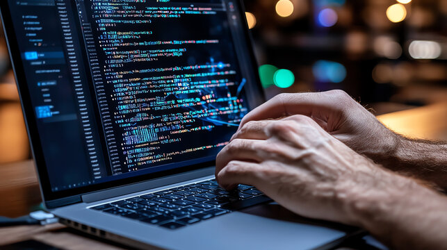 Hands typing code on laptop, vibrant screen, modern workspace, creative atmosphere.