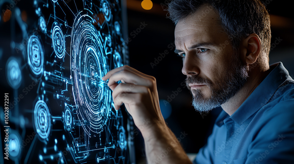 Aufkleber man interacting with futuristic interface, focused on digital data visualization.