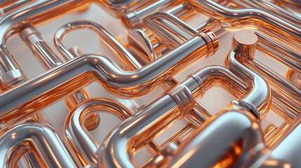 Close-up of silver and copper pipes in a complex network, plumbing concept.