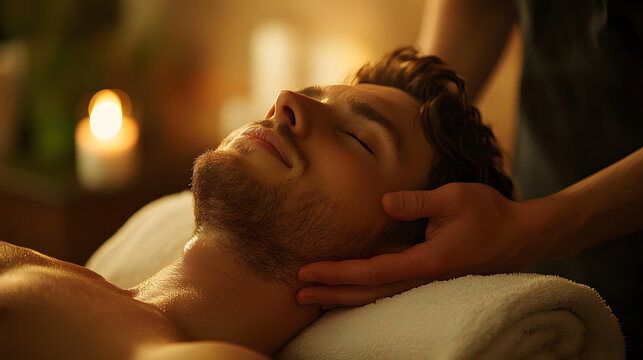 A man enjoys a soothing massage in a tranquil spa environment, surrounded by soft candlelight, promoting relaxation and well-being after a long day. Mind-Body Wellness Day concept