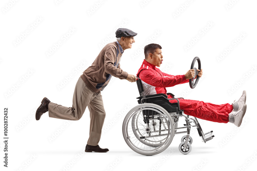 Poster Elderly man pushing a car racer in a wheelchair