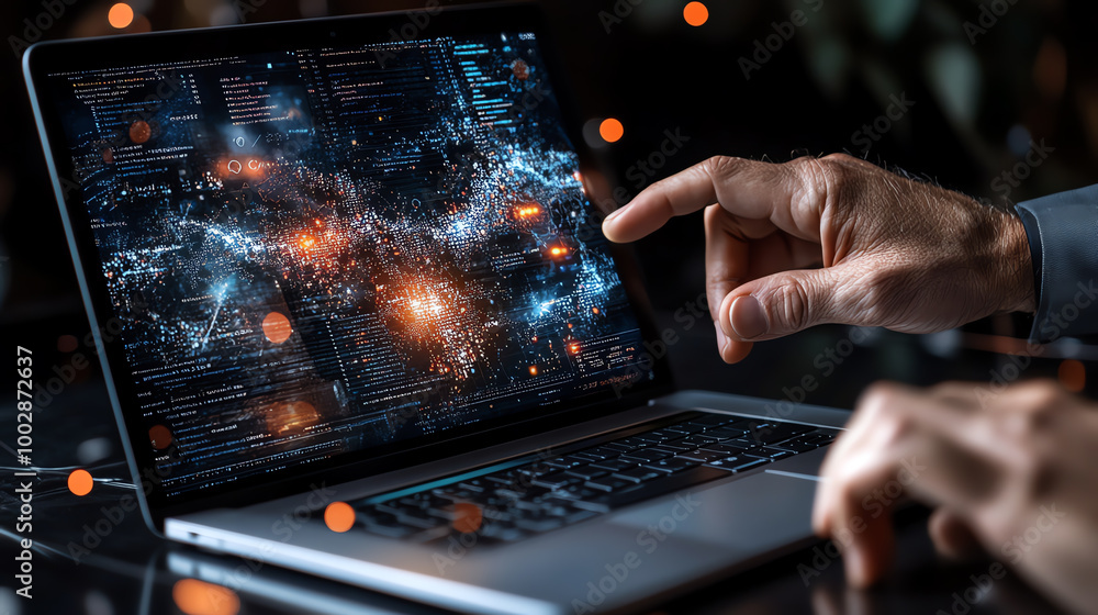 Poster person interacting with a laptop displaying complex data visualization.