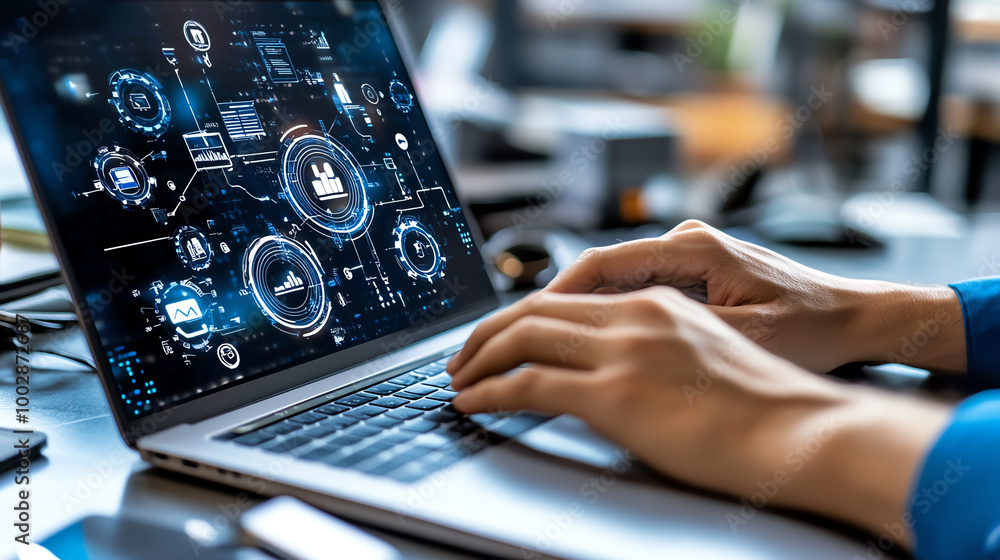 Poster person typing on laptop with digital interface and data visualization.