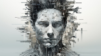 generated illustration of figure made of squares and cubes, standing in front of a digital background with abstract particles in space