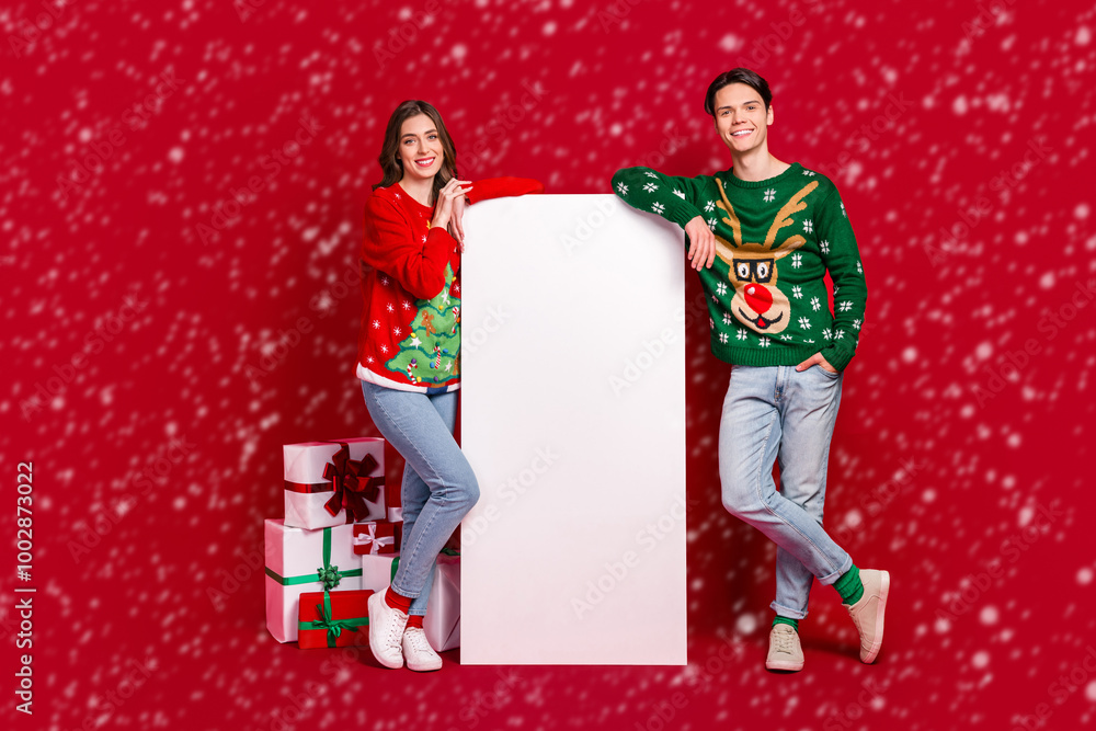 Poster full size photo of two positive people showing big empty space telephone screen pile stack box packa