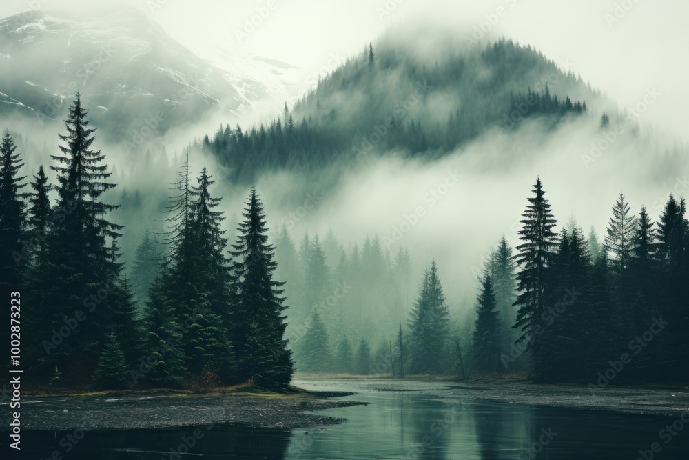 Poster a tranquil river flows through a misty forest with towering mountains in the background