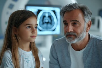 Doctor explaining results of MRI scan of brain to parents of young girl patient, delivering good news. Diagnosis of diseases and head injuries, Generative AI