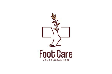 Woman's foot logo with natural plants with cross symbol, pedicure or beauty foot care logo