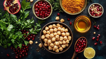 Vibrant display of spices, legumes, and herbs, showcasing diverse ingredients for healthy cooking and meal preparation.