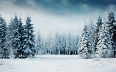 Winter wonderland of pine forests blanketed in fresh snow in a tranquil natural setting