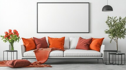 Modern living room setup with a stylish sofa, bright bold cushions, fresh flowers, and a large mock-up poster frame on the wall for artwork or branding mockups.