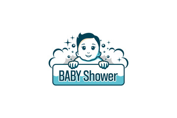 Cute baby boy bathing logo vector design template