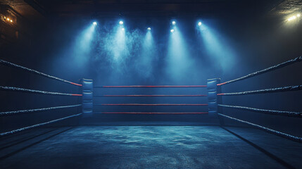 Empty professional boxing ring in the dark, illuminated spotlight. Sport background